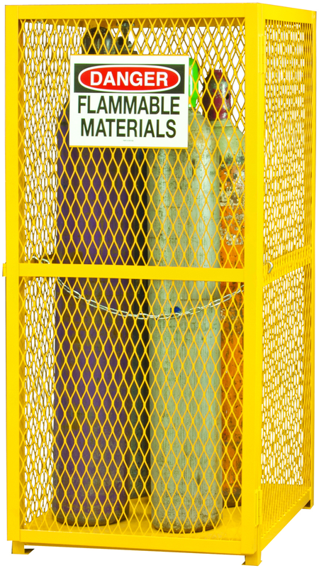 30" W - All welded - Angle Iron Frame with Mesh Side - Vertical Gas Cylinder Cabinet - Magnet Door - Safety Yellow - Makers Industrial Supply