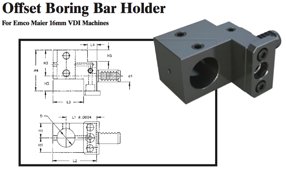 Offset Boring Bar Holder (For Emco Maier 16mm VDI Machines) - Part #: CNC86 E59.1625L - Makers Industrial Supply