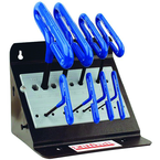 10 Piece - 3/32 - 3/8" T-Handle Style - 9'' Arm- Hex Key Set with Plain Grip in Stand - Makers Industrial Supply