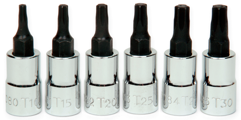 6 Piece - #9309082 - T10; T15; T20; T25; T27; T30 - 1/4" Drive - Socket Drive Torx Bit Set - Makers Industrial Supply