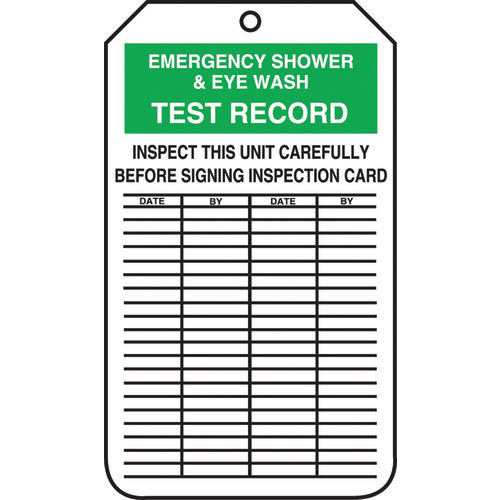 Inspection Record Tag, Emergency Shower & Eye Wash Test Record, 25/PK, Cardstock - Makers Industrial Supply