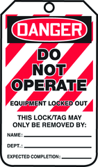 Lockout Tag, Danger Do Not Operate Equipment Locked Out, 25/Pk, Plastic - Makers Industrial Supply