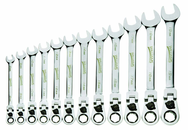 12 Piece - 12 Pt Ratcheting Flex-Head Combination Wrench Set - High Polish Chrome Finish - Metric 8mm - 19mm - Makers Industrial Supply