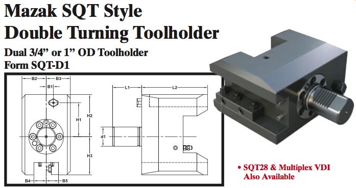 Mazak SQT Style Double Turning Toolholder (Dual 3/4Ó or 1Ó OD Toolholder Form SQT-D1) - Part #: SQT41.1525 - Makers Industrial Supply