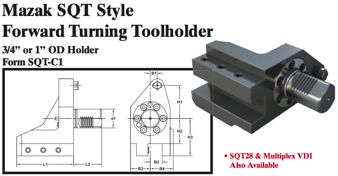 Mazak SQT Stye Forward Turning Toolholder (3/4Ó or 1Ó OD Holder Form SQT-C1) - Part #: SQT31.1020 - Makers Industrial Supply