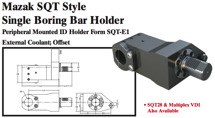 Mazak SQT Style Single Boring Bar Holder (Peripheral Mounted ID Holder Form SQT-E1 External Coolant; Offset) - Part #: SQT51.1020 - Makers Industrial Supply