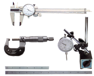 Kit Contains: 6" Dial Caliper; 0-1" Outside Micrometer; Mag Base With Fine Adjustment; 1" Travel Indicator; 6" 4R Scale And 12" 4R Scale - 6 Piece Machinist Set Up & Inspection Kit - Makers Industrial Supply