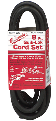 #48-76-4008 - Fits: Most Milwaukee 3-Wire Quik-Lok Cord Sets @ 8' - Replacement Cord - Makers Industrial Supply