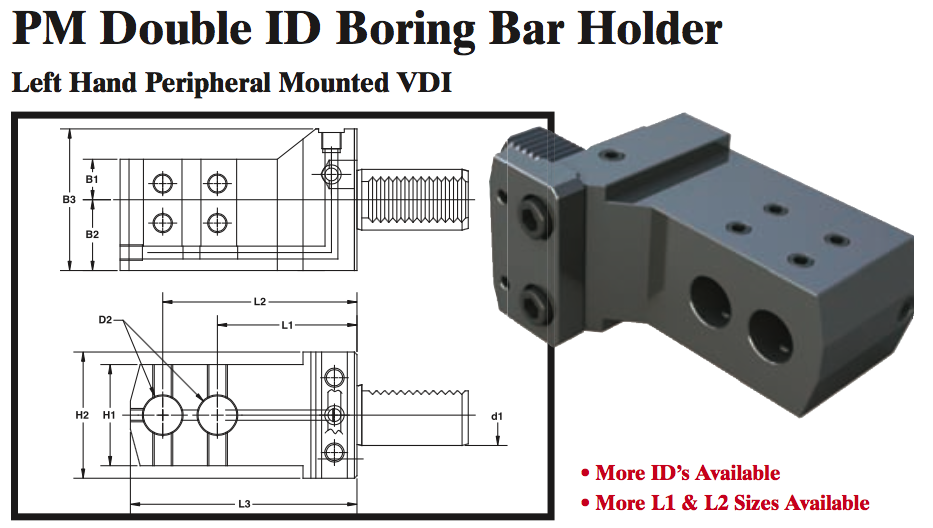 PM Double ID Boring Bar Holder (Left Hand Peripheral Mounted VDI) - Part #: PM91.3020L - Makers Industrial Supply