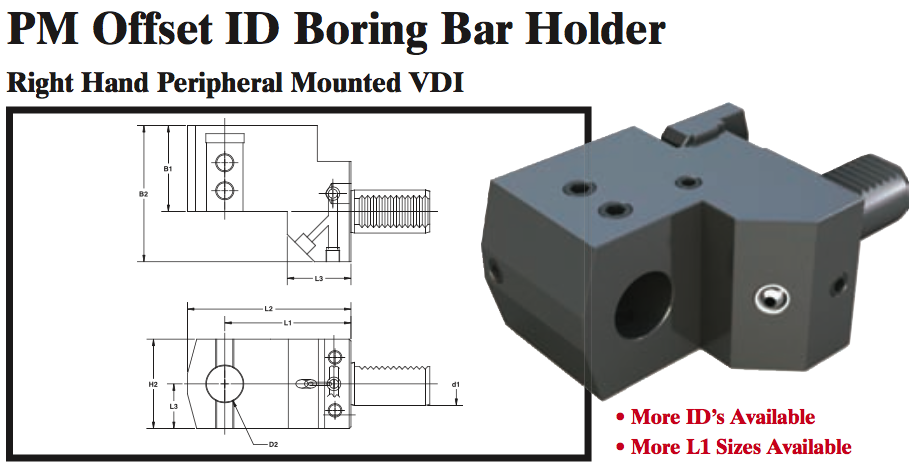 PM Offset ID Boring Bar Holder (Right Hand Peripheral Mounted VDI) - Part #: PM56.3025RL - Makers Industrial Supply