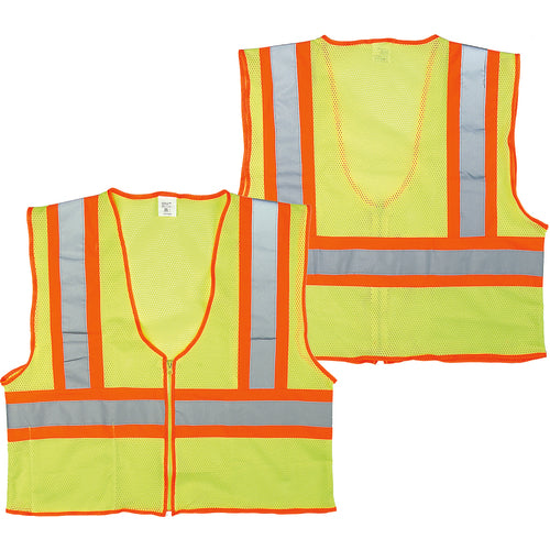 Class 2 Mesh Vest; Contrasting Color Strip, Zipper Closure, Inside Pocket - M - Makers Industrial Supply