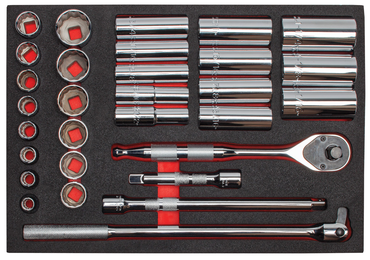 Proto® Foamed 1/2" Drive 30 Piece Socket Set w/ Precision 90 Pear Head Ratchet - Full Polish - 12 Point - Makers Industrial Supply