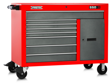 Proto® 550S 50" Workstation - 8 Drawer & 2 Shelves, Safety Red and Gray - Makers Industrial Supply