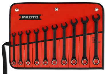 Proto® 10 Piece Black Chrome Metric Non-Reversible Combination Ratcheting Wrench Set - Spline - Makers Industrial Supply