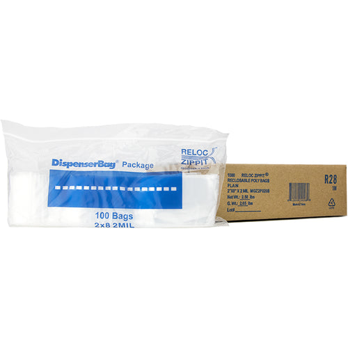 2″ × 8″ 2-MIL Clear Reloc Zippit Zipper Bags, Sold per Case of 1000 (10 boxes of 100 per case)