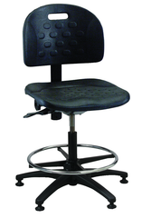 Black Polyurethane Task Stool - Adj. Contoured Backrest, Waterfall Seat, Seat and Back Tilt,  Glides Standard, Pneu Hgt. Adj., 20" Adj. Footring, Black Plastic ABS Base, Bench Hgt 23.5"-33.5" - Makers Industrial Supply