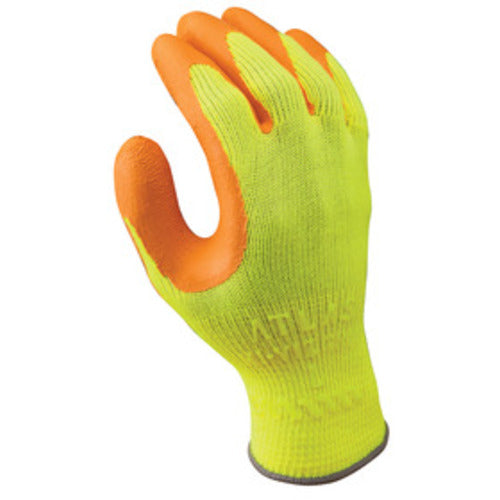 General purpose palm coated orange natural rubber wrinkle finish ergonomic seamless HV bright yellow knitted liner/medium - Makers Industrial Supply