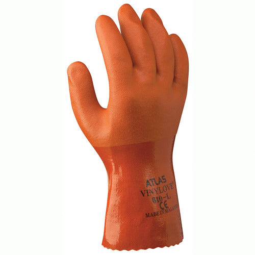 Chemical resistant PVC fully coated double dipped seamless knitted liner 10″ length orange rough finish/large - Makers Industrial Supply