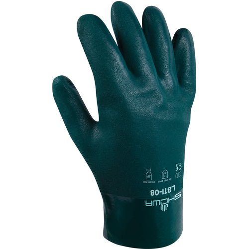 Chemical resistant PVC fully coated 11″ gauntlet forest green smooth/small - Makers Industrial Supply