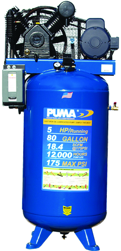 80 Gallon Vertical Tank Two Stage; Belt Drive; 5HP 230V 1PH W/Starter; 18.4CFM@175PSI; 530lbs. - Makers Industrial Supply