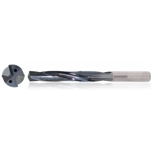 1/2″ Dia. × 14 mm Shank × 77 mm Flute Length × 124 mm OAL, 5xD, TiAlN, 2 Flute, Coolant Thru, h6, Cylindrical, Solid Carbide Drill Series/List #5614 - Exact Industrial Supply