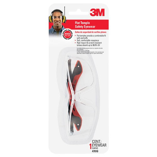 3M Flat Temple Safety Eyewear 47010-WV12 Black/Red Frame Clear/Scratch Resistant Lens - Makers Industrial Supply